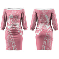 Personalised Polynesia Breast Cancer Awareness Family Matching Off The Shoulder Long Sleeve Dress and Hawaiian Shirt Brave Strong Butterfly Pink Ribbon