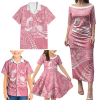 Personalised Polynesia Breast Cancer Awareness Family Matching Puletasi and Hawaiian Shirt Brave Strong Butterfly Pink Ribbon