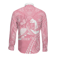 Personalised Polynesia Breast Cancer Awareness Long Sleeve Button Shirt Brave Strong Butterfly Pink Ribbon