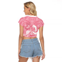 Personalised Polynesia Breast Cancer Awareness Raglan Cropped T Shirt Brave Strong Butterfly Pink Ribbon