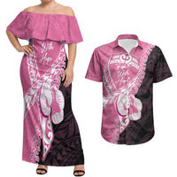 Personalised Polynesia Breast Cancer Awareness Couples Matching Off Shoulder Maxi Dress and Hawaiian Shirt Fight With Hope Pink Ribbon Boxing Gloves