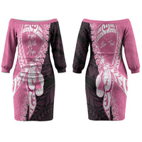 Personalised Polynesia Breast Cancer Awareness Couples Matching Off The Shoulder Long Sleeve Dress and Long Sleeve Button Shirt Fight With Hope Pink Ribbon Boxing Gloves
