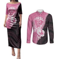 Personalised Polynesia Breast Cancer Awareness Couples Matching Puletasi and Long Sleeve Button Shirt Fight With Hope Pink Ribbon Boxing Gloves