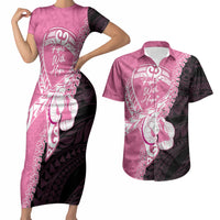 Personalised Polynesia Breast Cancer Awareness Couples Matching Short Sleeve Bodycon Dress and Hawaiian Shirt Fight With Hope Pink Ribbon Boxing Gloves