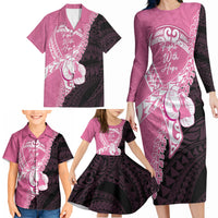 Personalised Polynesia Breast Cancer Awareness Family Matching Long Sleeve Bodycon Dress and Hawaiian Shirt Fight With Hope Pink Ribbon Boxing Gloves