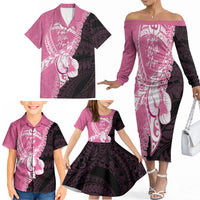 Personalised Polynesia Breast Cancer Awareness Family Matching Off The Shoulder Long Sleeve Dress and Hawaiian Shirt Fight With Hope Pink Ribbon Boxing Gloves