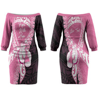 Personalised Polynesia Breast Cancer Awareness Family Matching Off The Shoulder Long Sleeve Dress and Hawaiian Shirt Fight With Hope Pink Ribbon Boxing Gloves