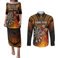 Personalised Polynesian Darts Couples Matching Puletasi Dress and Long Sleeve Button Shirts Fire Burning With Tribal Tattoo LT14 Orange - Polynesian Pride