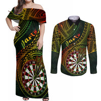 Personalised Polynesian Darts Couples Matching Off Shoulder Maxi Dress and Long Sleeve Button Shirts Dart Lovers Tribal Pattern Mix Tropical Leaves LT14 Reggae - Polynesian Pride