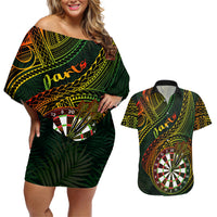 Personalised Polynesian Darts Couples Matching Off Shoulder Short Dress and Hawaiian Shirt Dart Lovers Tribal Pattern Mix Tropical Leaves LT14 Reggae - Polynesian Pride
