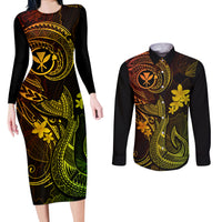 Hawaii Couples Matching Long Sleeve Bodycon Dress and Long Sleeve Button Shirts Fish Hook Tattoo Mix Polynesian Plumeria Reggae Version LT14 Reggae - Polynesian Pride