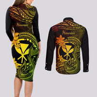 Hawaii Couples Matching Long Sleeve Bodycon Dress and Long Sleeve Button Shirts Fish Hook Tattoo Mix Polynesian Plumeria Reggae Version LT14 - Polynesian Pride