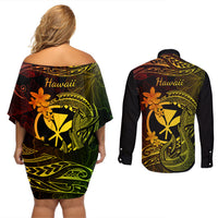 Hawaii Couples Matching Off Shoulder Short Dress and Long Sleeve Button Shirts Fish Hook Tattoo Mix Polynesian Plumeria Reggae Version LT14 - Polynesian Pride