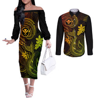 Hawaii Couples Matching Off The Shoulder Long Sleeve Dress and Long Sleeve Button Shirts Fish Hook Tattoo Mix Polynesian Plumeria Reggae Version LT14 Reggae - Polynesian Pride