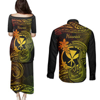 Hawaii Couples Matching Puletasi Dress and Long Sleeve Button Shirts Fish Hook Tattoo Mix Polynesian Plumeria Reggae Version LT14 - Polynesian Pride