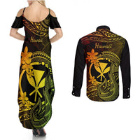 Hawaii Couples Matching Summer Maxi Dress and Long Sleeve Button Shirts Fish Hook Tattoo Mix Polynesian Plumeria Reggae Version LT14 - Polynesian Pride
