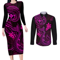 Hawaii Couples Matching Long Sleeve Bodycon Dress and Long Sleeve Button Shirts Fish Hook Tattoo Mix Polynesian Plumeria Pink Version LT14 Pink - Polynesian Pride