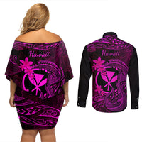 Hawaii Couples Matching Off Shoulder Short Dress and Long Sleeve Button Shirts Fish Hook Tattoo Mix Polynesian Plumeria Pink Version LT14 - Polynesian Pride