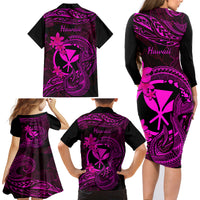 Hawaii Family Matching Long Sleeve Bodycon Dress and Hawaiian Shirt Fish Hook Tattoo Mix Polynesian Plumeria Pink Version LT14 - Polynesian Pride