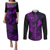 Hawaii Couples Matching Puletasi Dress and Long Sleeve Button Shirts Fish Hook Tattoo Mix Polynesian Plumeria Purple Version LT14 Purple - Polynesian Pride