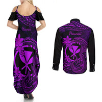 Hawaii Couples Matching Summer Maxi Dress and Long Sleeve Button Shirts Fish Hook Tattoo Mix Polynesian Plumeria Purple Version LT14 - Polynesian Pride