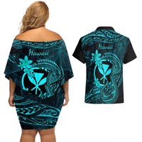 Hawaii Couples Matching Off Shoulder Short Dress and Hawaiian Shirt Fish Hook Tattoo Mix Polynesian Plumeria Turquoise Version LT14 - Polynesian Pride