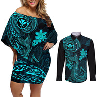 Hawaii Couples Matching Off Shoulder Short Dress and Long Sleeve Button Shirts Fish Hook Tattoo Mix Polynesian Plumeria Turquoise Version LT14 Turquoise - Polynesian Pride