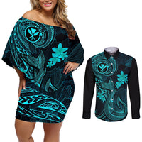 Hawaii Couples Matching Off Shoulder Short Dress and Long Sleeve Button Shirts Fish Hook Tattoo Mix Polynesian Plumeria Turquoise Version LT14 Turquoise - Polynesian Pride