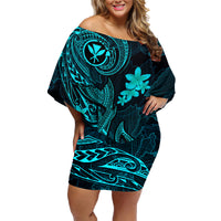 Hawaii Family Matching Off Shoulder Short Dress and Hawaiian Shirt Fish Hook Tattoo Mix Polynesian Plumeria Turquoise Version LT14 Mom's Dress Turquoise - Polynesian Pride