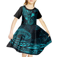 Hawaii Kid Short Sleeve Dress Fish Hook Tattoo Mix Polynesian Plumeria Turquoise Version LT14 - Polynesian Pride