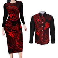 Hawaii Couples Matching Long Sleeve Bodycon Dress and Long Sleeve Button Shirts Fish Hook Tattoo Mix Polynesian Plumeria Red Version LT14 Red - Polynesian Pride