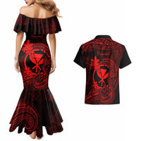 Hawaii Couples Matching Mermaid Dress and Hawaiian Shirt Fish Hook Tattoo Mix Polynesian Plumeria Red Version LT14 - Polynesian Pride