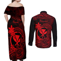 Hawaii Couples Matching Off Shoulder Maxi Dress and Long Sleeve Button Shirts Fish Hook Tattoo Mix Polynesian Plumeria Red Version LT14 - Polynesian Pride