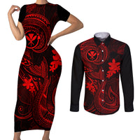 Hawaii Couples Matching Short Sleeve Bodycon Dress and Long Sleeve Button Shirts Fish Hook Tattoo Mix Polynesian Plumeria Red Version LT14 Red - Polynesian Pride