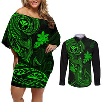 Hawaii Couples Matching Off Shoulder Short Dress and Long Sleeve Button Shirts Fish Hook Tattoo Mix Polynesian Plumeria Green Version LT14 Green - Polynesian Pride