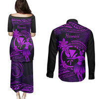 Hawaii Couples Matching Puletasi Dress and Long Sleeve Button Shirts Hula Girl Mix Polynesian Plumeria Purple Version LT14 - Polynesian Pride