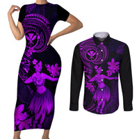 Hawaii Couples Matching Short Sleeve Bodycon Dress and Long Sleeve Button Shirts Hula Girl Mix Polynesian Plumeria Purple Version LT14 Purple - Polynesian Pride