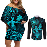 Hawaii Couples Matching Off Shoulder Short Dress and Long Sleeve Button Shirts Hula Girl Mix Polynesian Plumeria Turquoise Version LT14 Turquoise - Polynesian Pride