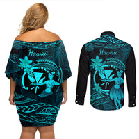 Hawaii Couples Matching Off Shoulder Short Dress and Long Sleeve Button Shirts Hula Girl Mix Polynesian Plumeria Turquoise Version LT14 - Polynesian Pride