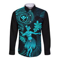 Hawaii Long Sleeve Button Shirt Hula Girl Mix Polynesian Plumeria Turquoise Version LT14 Unisex Turquoise - Polynesian Pride