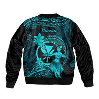 Hawaii Sleeve Zip Bomber Jacket Hula Girl Mix Polynesian Plumeria Turquoise Version LT14 - Polynesian Pride