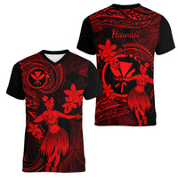 Hawaii Women V Neck T Shirt Hula Girl Mix Polynesian Plumeria Red Version LT14 - Polynesian Pride