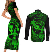 Hawaii Couples Matching Short Sleeve Bodycon Dress and Long Sleeve Button Shirts Hula Girl Mix Polynesian Plumeria Green Version LT14 - Polynesian Pride
