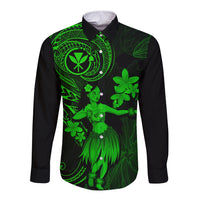 Hawaii Long Sleeve Button Shirt Hula Girl Mix Polynesian Plumeria Green Version LT14 Unisex Green - Polynesian Pride