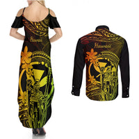 Hawaii Couples Matching Summer Maxi Dress and Long Sleeve Button Shirts King Kamehameha Mix Polynesian Plumeria Reggae Version LT14 - Polynesian Pride