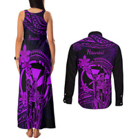 Hawaii Couples Matching Tank Maxi Dress and Long Sleeve Button Shirts King Kamehameha Mix Polynesian Plumeria Purple Version LT14 - Polynesian Pride