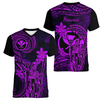 Hawaii Women V Neck T Shirt King Kamehameha Mix Polynesian Plumeria Purple Version LT14 - Polynesian Pride
