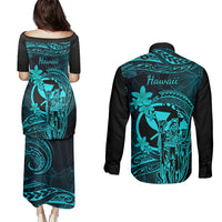 Hawaii Couples Matching Puletasi Dress and Long Sleeve Button Shirts King Kamehameha Mix Polynesian Plumeria Turquoise Version LT14 - Polynesian Pride