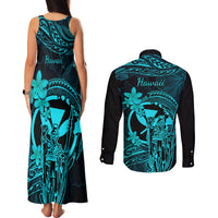 Hawaii Couples Matching Tank Maxi Dress and Long Sleeve Button Shirts King Kamehameha Mix Polynesian Plumeria Turquoise Version LT14 - Polynesian Pride
