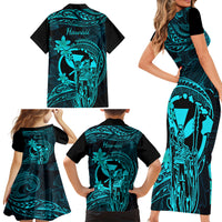Hawaii Family Matching Short Sleeve Bodycon Dress and Hawaiian Shirt King Kamehameha Mix Polynesian Plumeria Turquoise Version LT14 - Polynesian Pride
